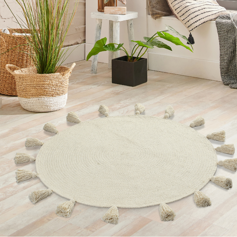 Cotton Braided Rug With Tassels (Reversible) Beige Color