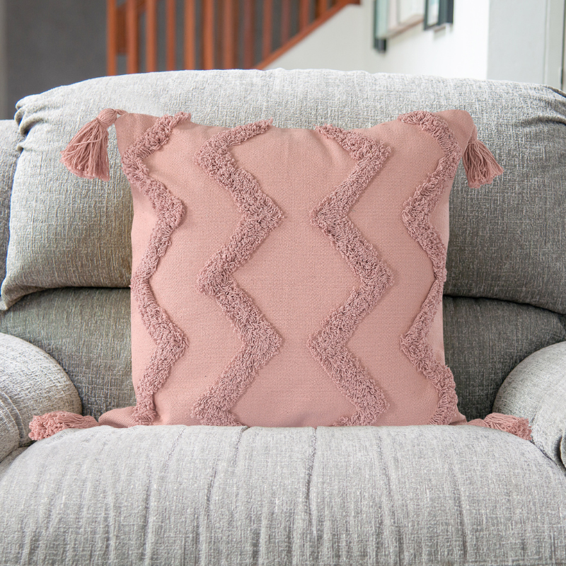 Pink Chevron Tufted Cushion Cover With Tassels