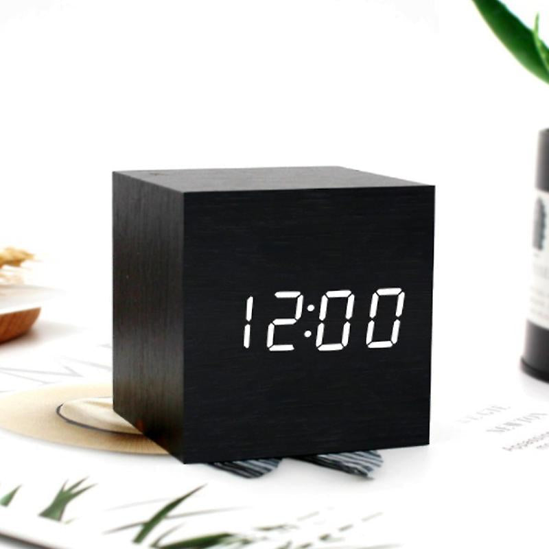 Wooden Texture Cube Alarm Clock With Temperature Display Table Clocks June Trading   