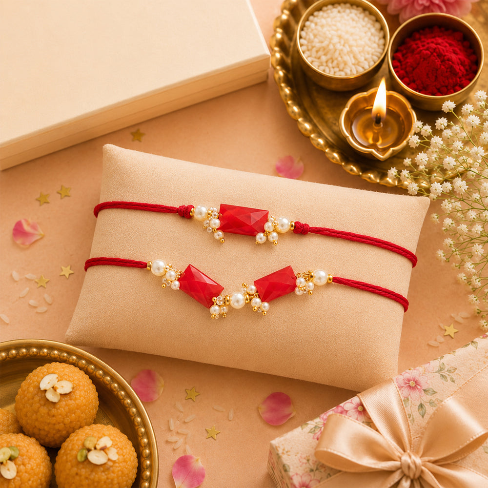 Classic Red Traditional Rakhis For Bhaiya & Bhabhi (Set Of 2)
