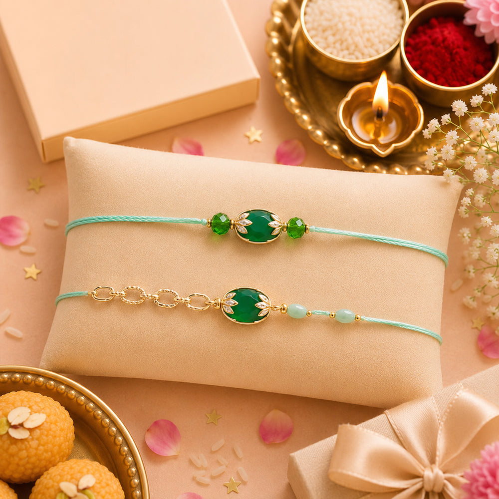 Green Vintage Stones - Traditional Rakhis For Bhaiya & Bhabhi (Set Of 2)
