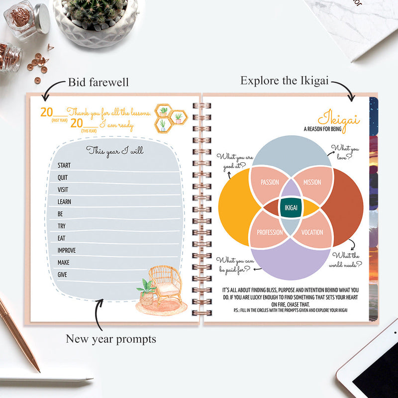 Undated Yearly Planner (2025 Collection) Growth Over Comfort + Ultimate Sticker Book