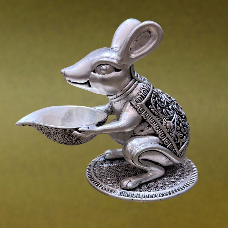 SABERA Hand-Carved Silver-Plated Mushak With Diya – Auspicious Ganesh Vahan Idol