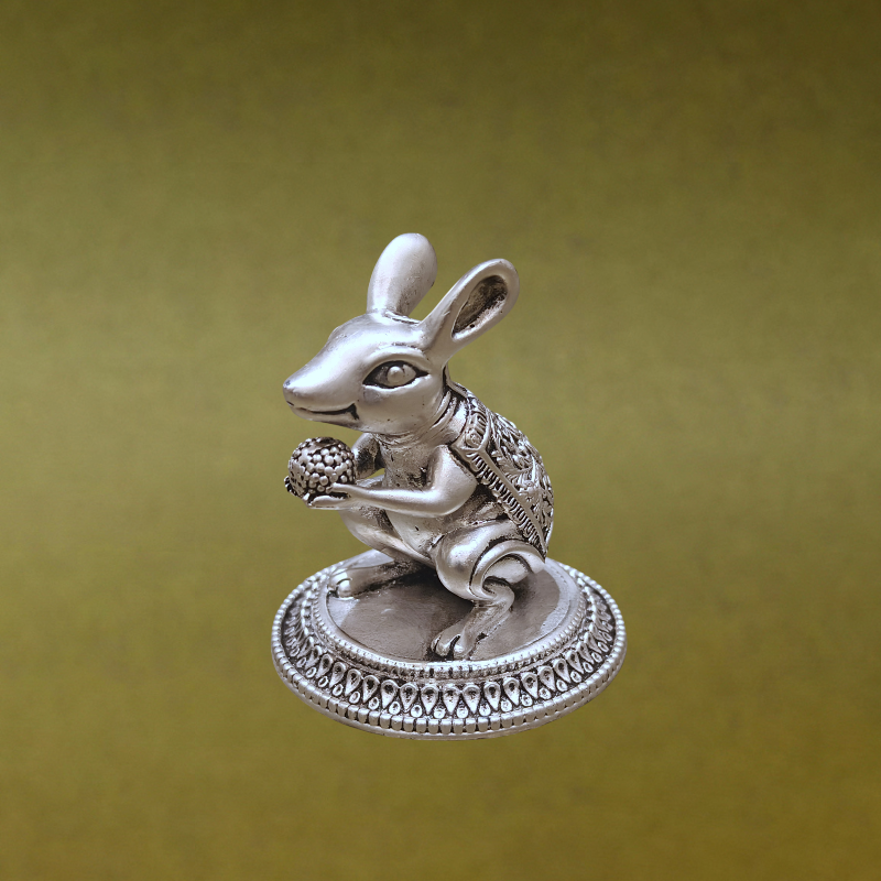 SABERA Hand-Carved Silver-Plated Mushak With Modak – Auspicious Ganesha Vahan Idol For Pooja & Décor