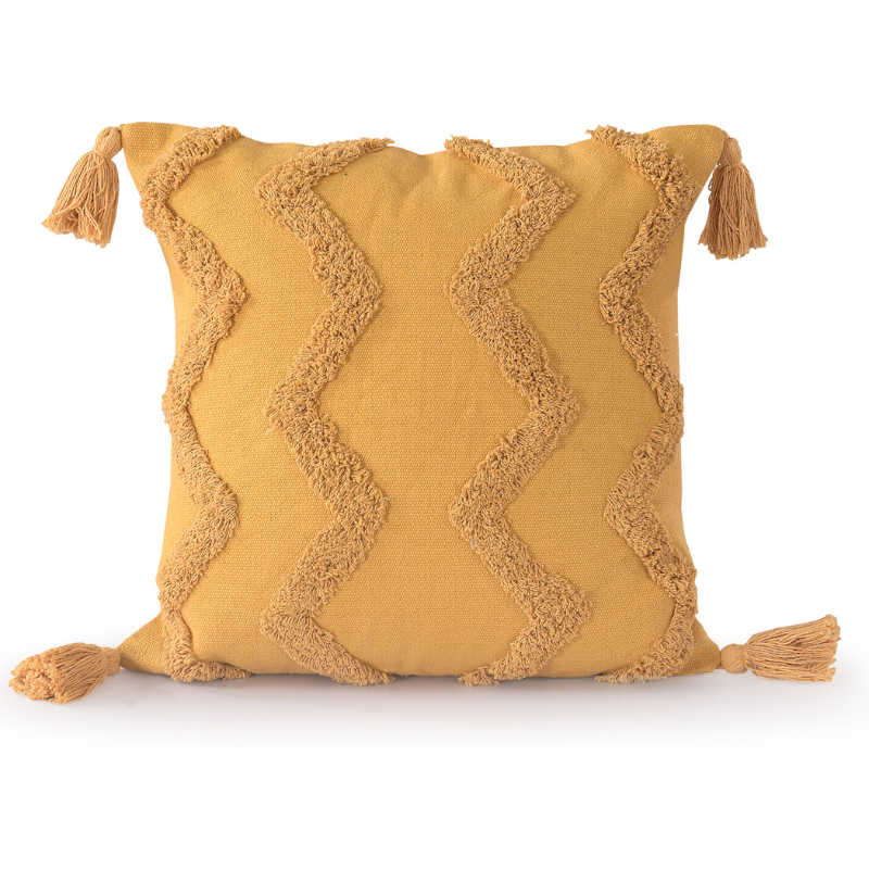 Yellow Chevron Tufted Cushion Cover With Tassels