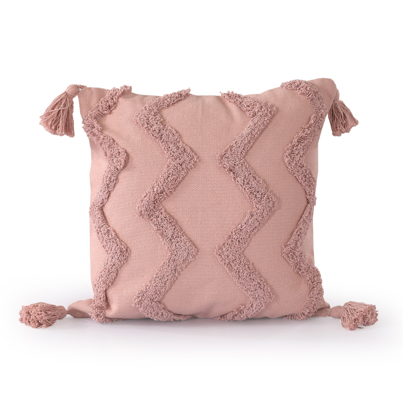 Pink Chevron Tufted Cushion Cover With Tassels