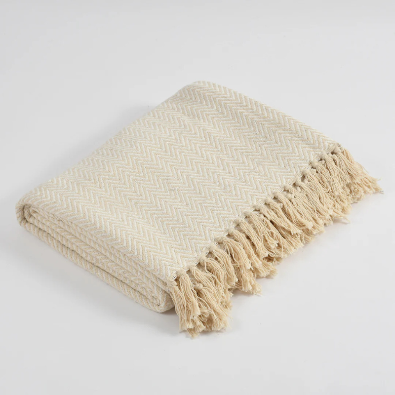 Beige Chevron Sofa Throw With Tassels