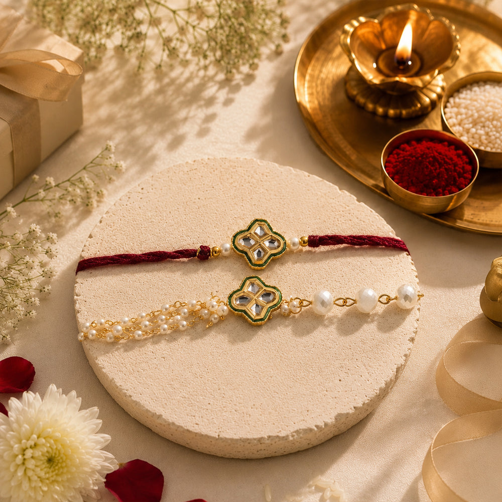 Precious Pearls and Jadau - Traditional Rakhis For Bhaiya & Bhabhi (Set Of 2)