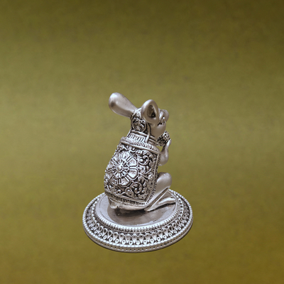 SABERA Hand-Carved Silver-Plated Mushak With Modak – Auspicious Ganesha Vahan Idol For Pooja & Décor