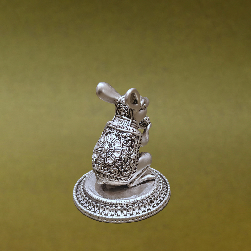 SABERA Hand-Carved Silver-Plated Mushak With Modak – Auspicious Ganesha Vahan Idol For Pooja & Décor