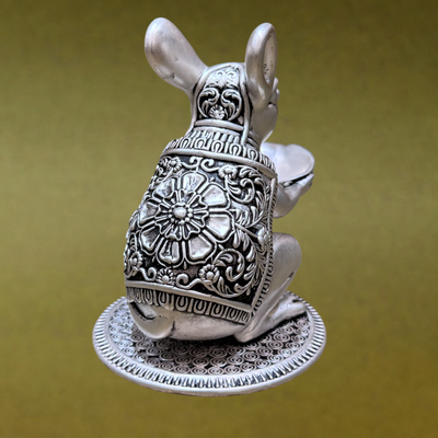 SABERA Hand-Carved Silver-Plated Mushak With Diya – Auspicious Ganesh Vahan Idol
