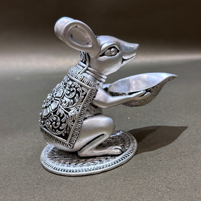 SABERA Hand-Carved Silver-Plated Mushak With Diya – Auspicious Ganesh Vahan Idol