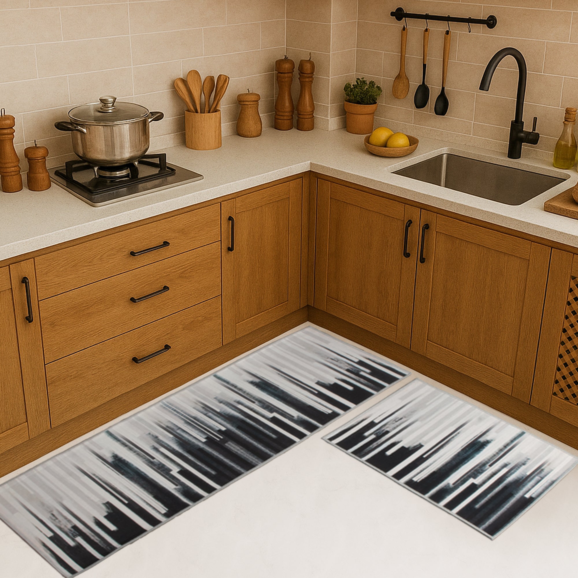 Monochrome Rush Kitchen Mat (Set of 2)