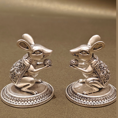 SABERA Hand-Carved Silver-Plated Mushak With Modak – Auspicious Ganesha Vahan Idol For Pooja & Décor