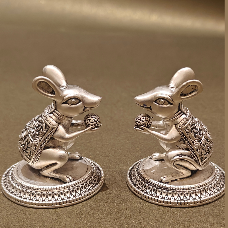 SABERA Hand-Carved Silver-Plated Mushak With Modak – Auspicious Ganesha Vahan Idol For Pooja & Décor