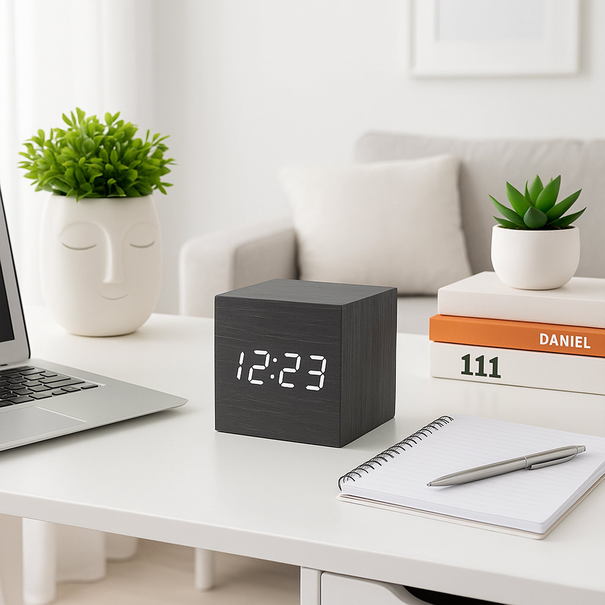 Wooden Texture Cube Alarm Clock With Temperature Display