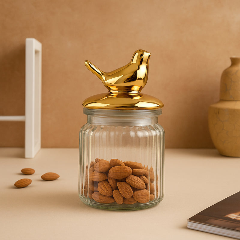 Glass Storage Jar with Gold Bird Figurine