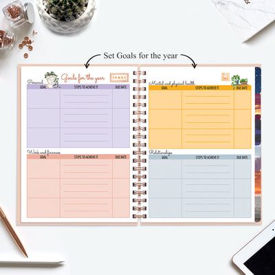 Undated Yearly Planner (2025 Collection) Growth Over Comfort + Ultimate Sticker Book