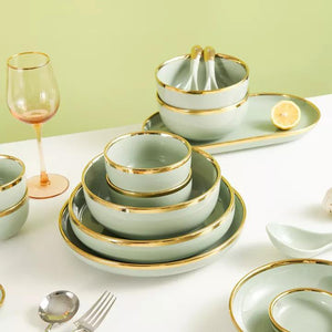 Nordic Sage Gold Rimmed Rice Plate Pasta Bowl June Trading   