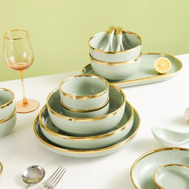 Nordic Sage Gold Rimmed Rice Plate Pasta Bowl June Trading   