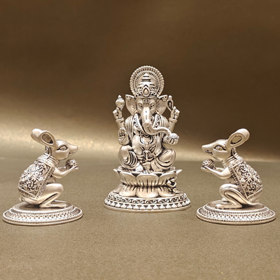 SABERA Hand-Carved Silver-Plated Mushak With Modak – Auspicious Ganesha Vahan Idol For Pooja & Décor