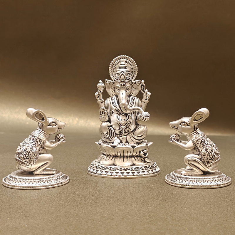 SABERA Hand-Carved Silver-Plated Mushak With Modak – Auspicious Ganesha Vahan Idol For Pooja & Décor