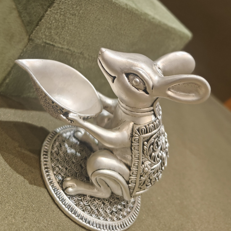 SABERA Hand-Carved Silver-Plated Mushak With Diya – Auspicious Ganesh Vahan Idol