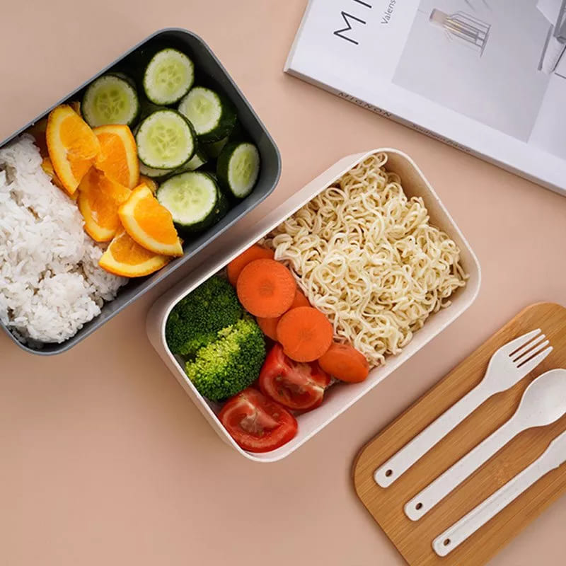 Wheat Straw Lunch Box with Wooden Lid & Cutlery Set Lunch Boxes June Trading   