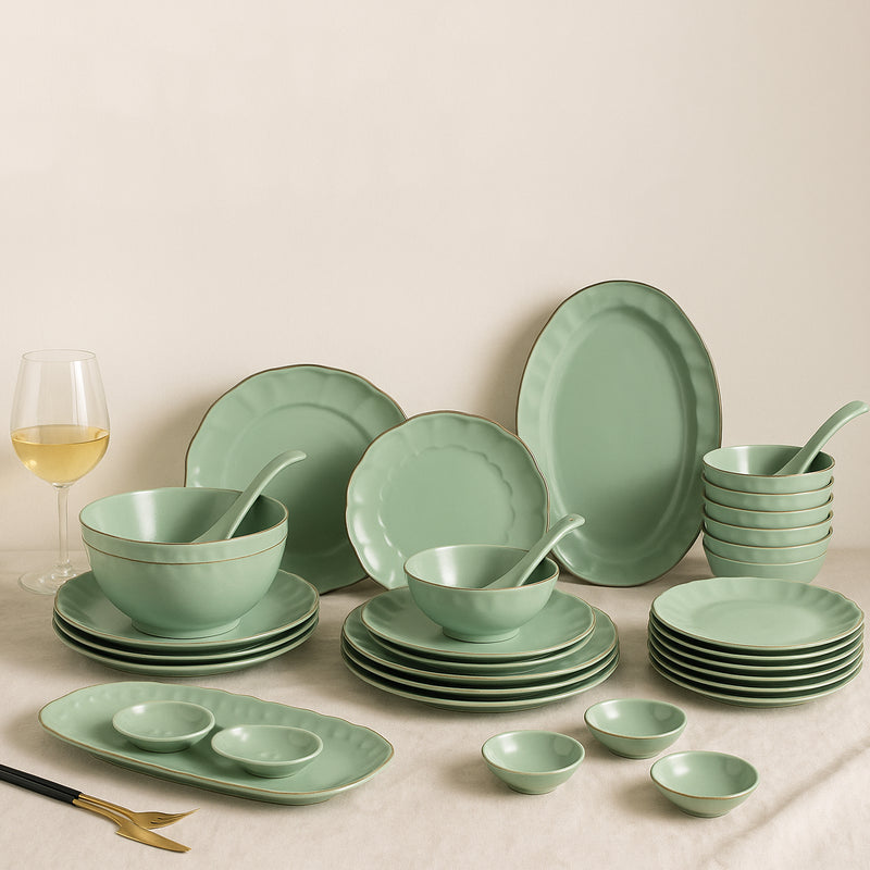 Merak Gold Rim 36 Piece Luxury Dinner Set | Fern Green