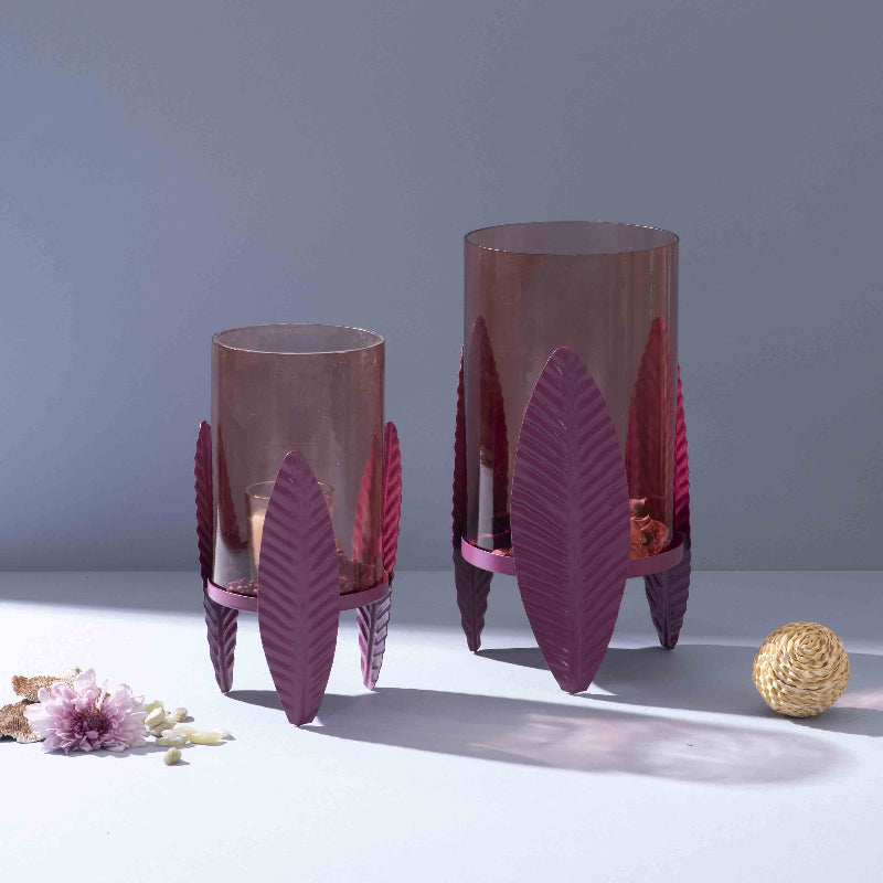 Heather-Toned Iron Candle Stand With Leaf Motif (Set Of 2)