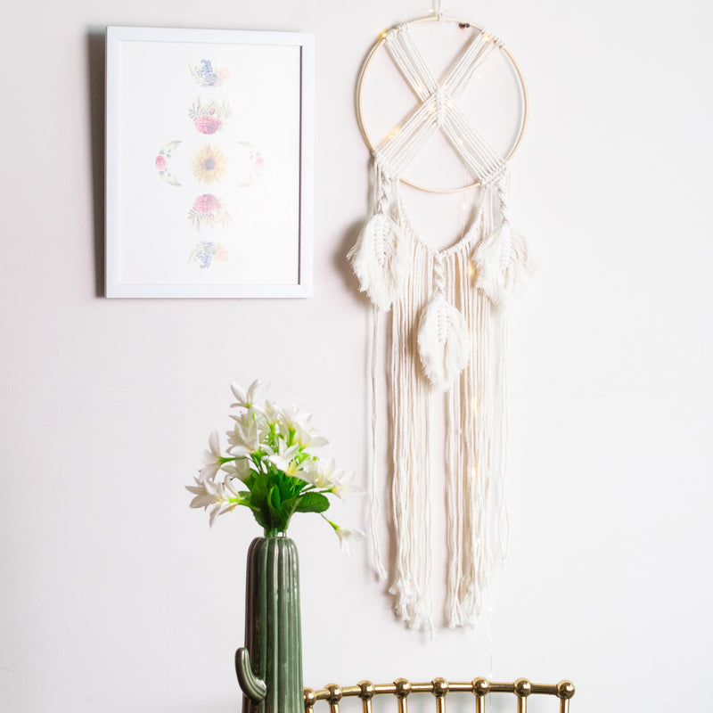 Decorative Round Macrame Handmade Wall Hanging Tapestry With Lights Macrame June Trading   