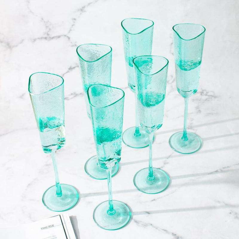 Turquoise Champagne Flute Stemware, Hammered Style