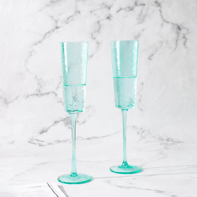 Turquoise Champagne Flute Stemware, Hammered Style