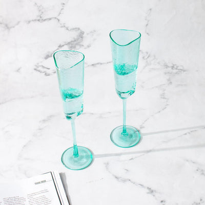 Turquoise Champagne Flute Stemware, Hammered Style