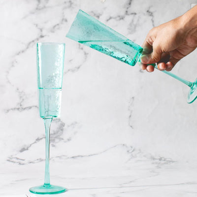 Turquoise Champagne Flute Stemware, Hammered Style