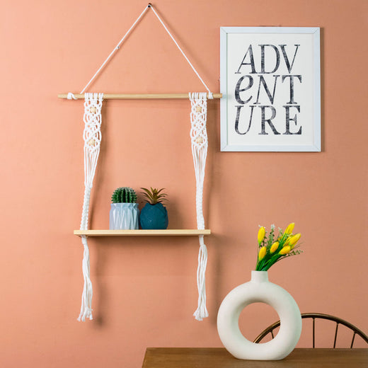 Beads & Pine Wood Macramé Wall Hanging Shelf With String Lights Macrame Shelf June Trading   