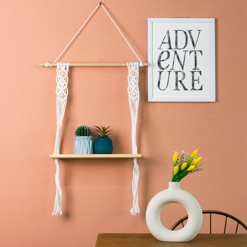Beads & Pine Wood Macramé Wall Hanging Shelf With String Lights Macrame Shelf June Trading   