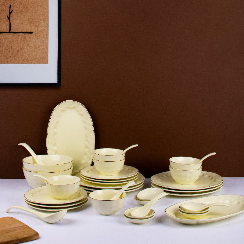 Merak Gold Rim 36 Piece Luxury Dinner Set | Soft White Dinner Sets The June Shop   