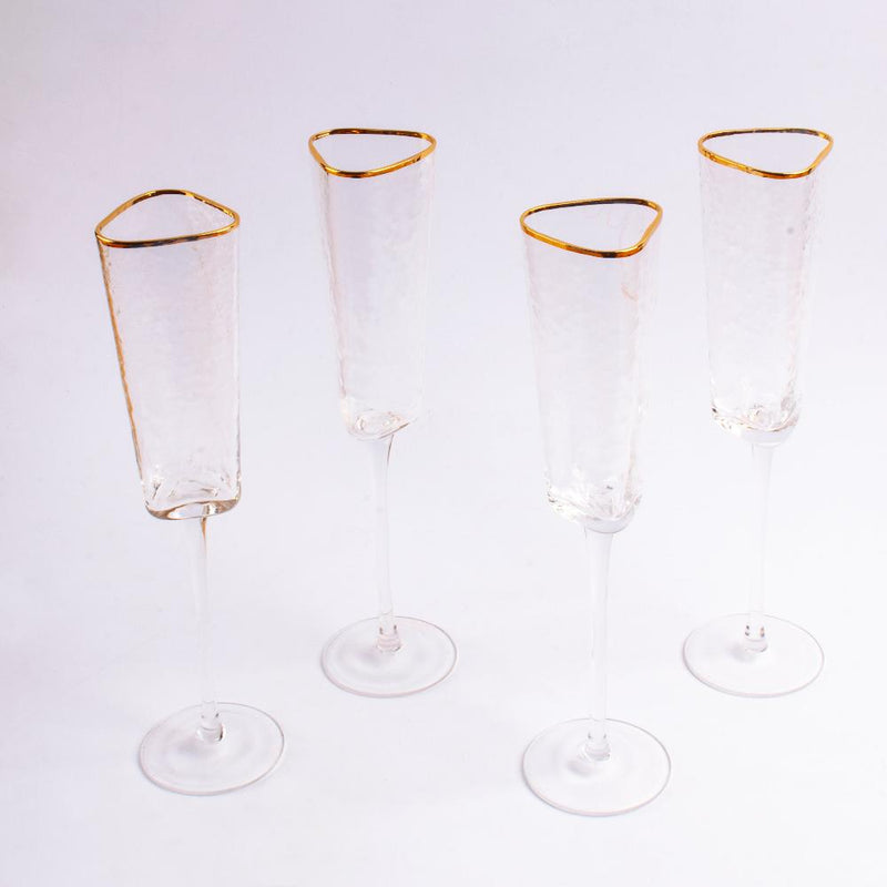 Gold Rimmed Clear Champagne Flute Stemware, Hammered Style