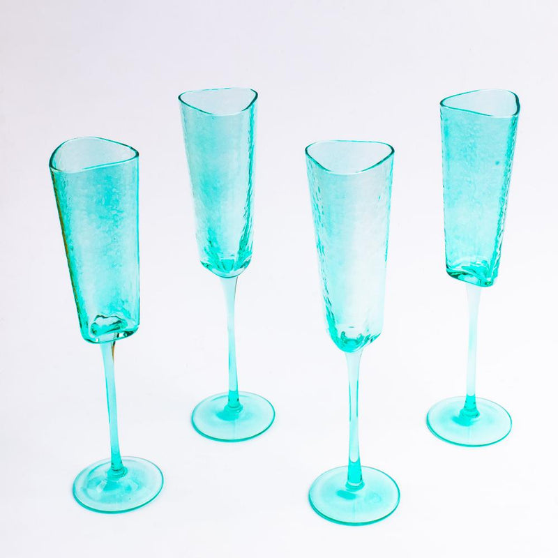 Turquoise Champagne Flute Stemware, Hammered Style