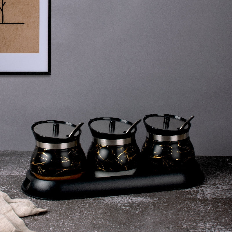 Grande Black Condiments Set | Spoons & Tray Seasoning Containers The June Shop   