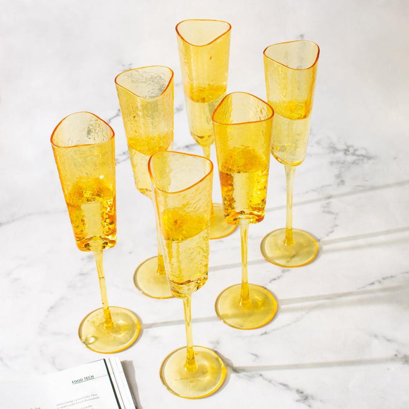 Amber Champagne Flute Stemware, Hammered Style