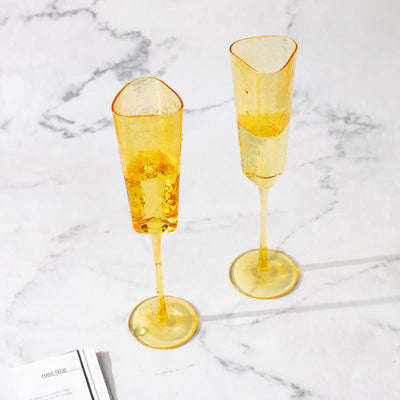 Amber Champagne Flute Stemware, Hammered Style