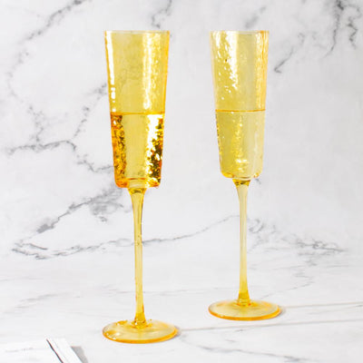 Amber Champagne Flute Stemware, Hammered Style