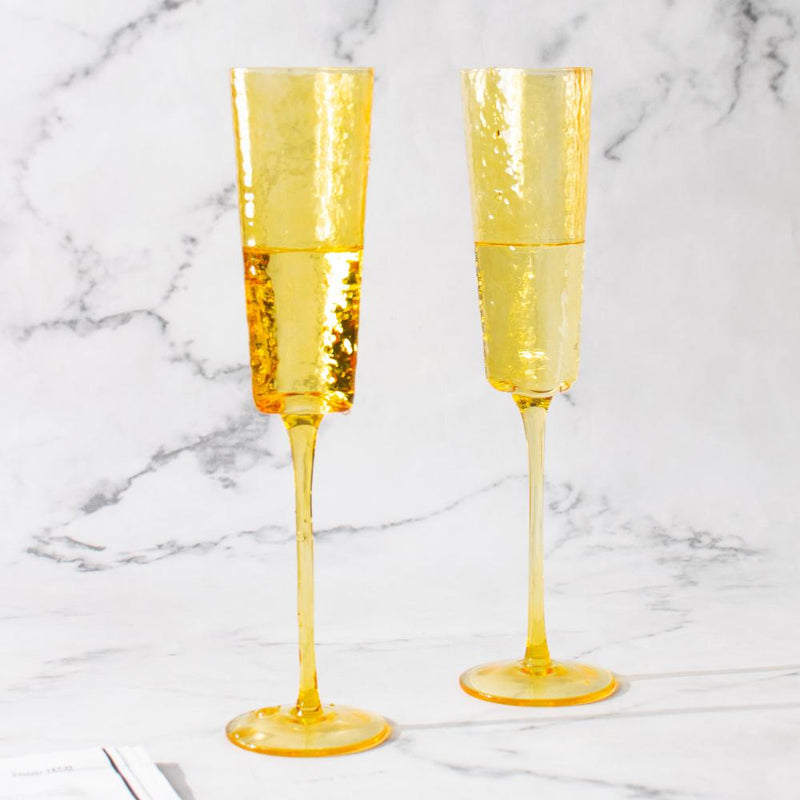 Amber Champagne Flute Stemware, Hammered Style