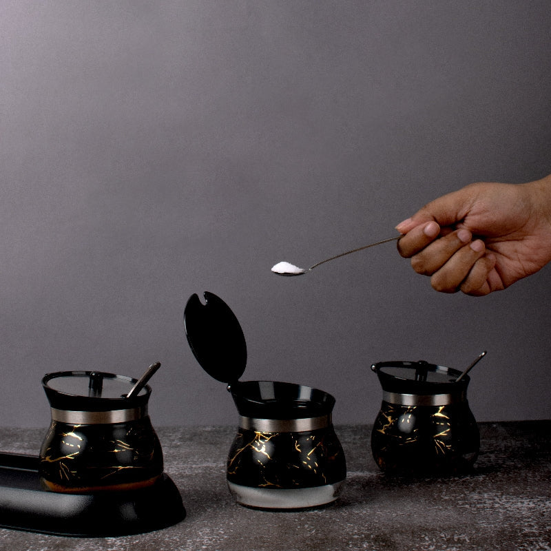 Grande Black Condiments Set | Spoons & Tray Seasoning Containers The June Shop   