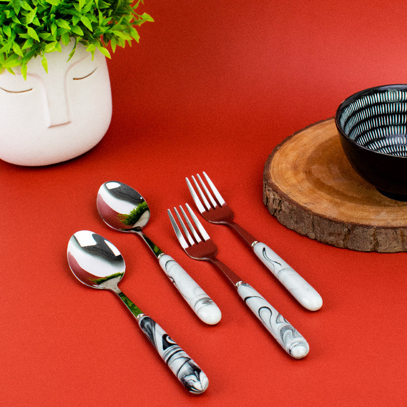 Spoon & Fork Set - White & Black Marble Tone Cutlery June Trading   