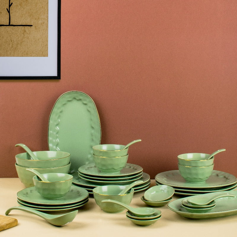 Merak Gold Rim 36 Piece Luxury Dinner Set | Fern Green Dinner Sets The June Shop   