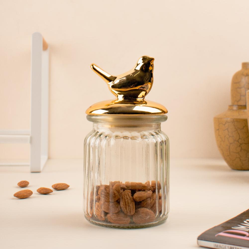 Glass Storage Jar with Gold Bird Figurine