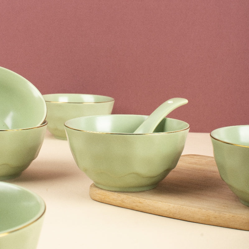 Merak Gold Rim Soup Bowl | Fern Green